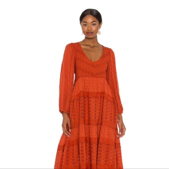 Free People Mockingbird Burnt Red Midi Dress tiered style size small NwOT - Picture 14 of 15